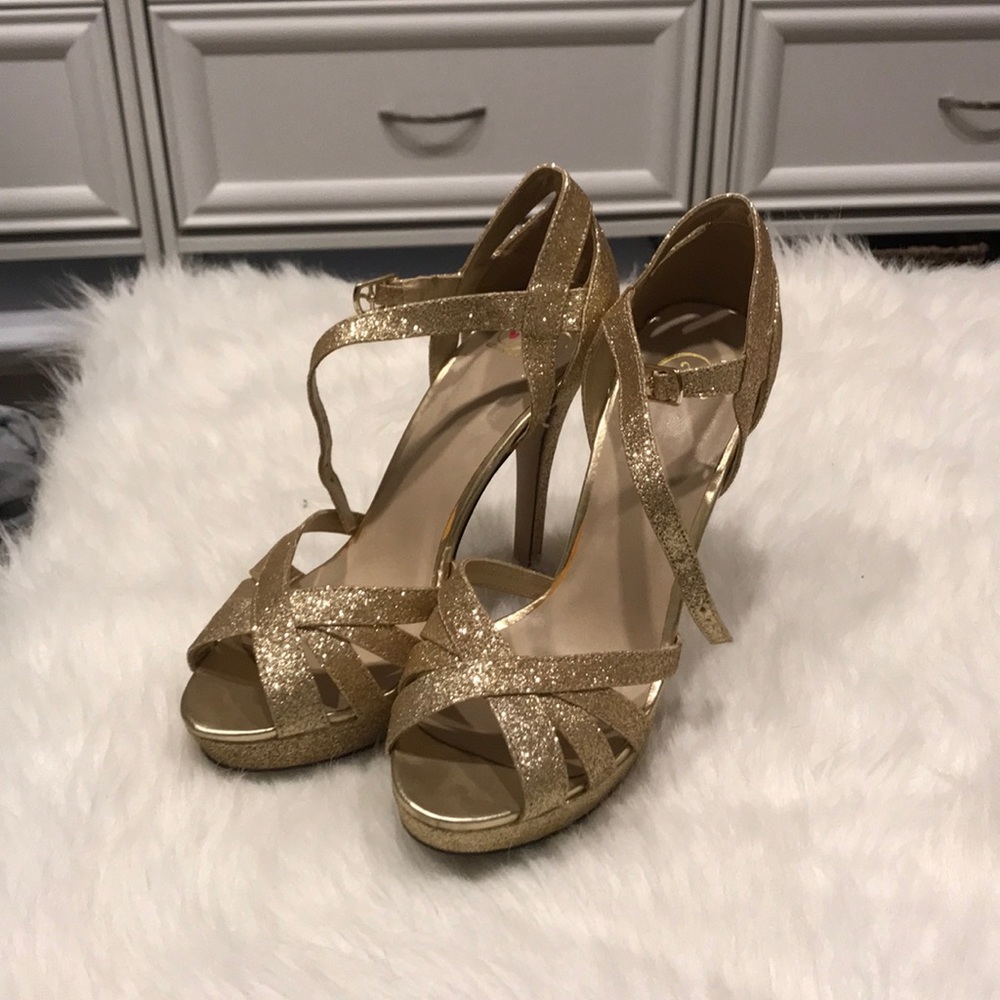 Gold glitter stacked heels!